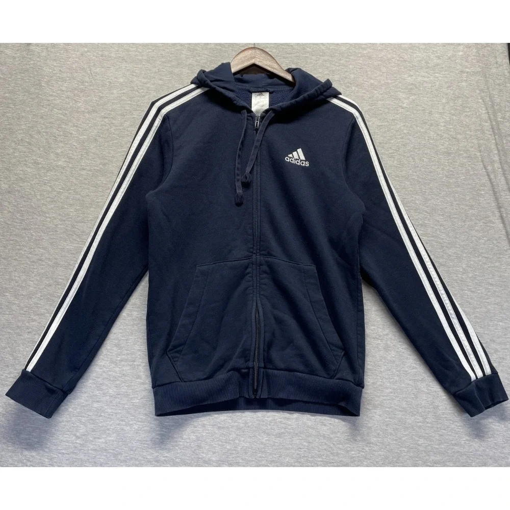 Adidas Essentials Hoodie Mens Small Navy Logo Fleece Lined Full Zip Athleisure